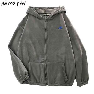 Winter Women's Hoodie Tops Outono Coreano Moda Animal Bordado Impressão Solta Zíper Zíper 210809