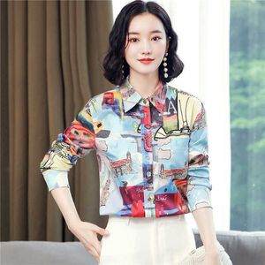 Kore Moda Ipek Kadın Bluzlar Saten Uzun Kollu Gömlek Desen Ofis Lady Blusas Largas Artı Boyutu XXXL S Tops 210531