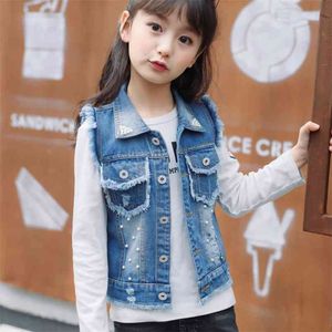 Children Girls Outerwear Spring Autumn Denim Vest for Pearl Pattern Jeans Coats Kids Cowboy Waistcoats 3-14 Year 210622