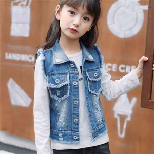 Bambini Ragazze Capispalla Primavera Autunno Denim Denim Vest for Pearl Pattern Jeans Cappotti Kids Cowboy Gileats 3-14 Anno 210622