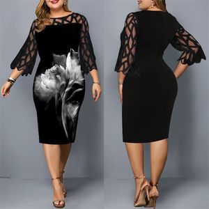 Midi Senhoras Vestido Floral Plus Size Black Malha Elegante Mulheres Casamento Vestido de Festa de Casamento 3/4 Sleeve Summer Primavera Feminino Bodycon Vestido 210309