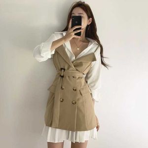 Ofis Lady Seksi Uzun Kollu Beyaz Yaka Pileli Gömlek Elbise Mini Kore Chic Moda Tüm Maç Kruvaze Elbise Kayışı 210610