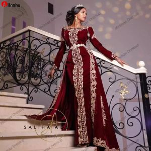 NEW! Burgundy Velvet Prom Formal Dresses with Overskirt 2022 Karakou Algérien Luxury Gold Lace Embroidery Kaftan Caftan Evening Gowns