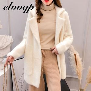 Outono inverno mulheres manga longa manga marinho pele solta elegante grosso cardigan moda cor sólida casaco longo LU1738 210925