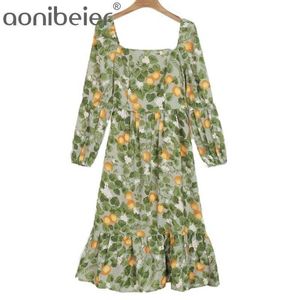 Printed Casual Holiday Knee Length Dress Summer Puff Sleeve Square Collar High Waist Ruffle Chiffon 210604