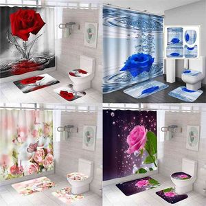 3D niebieski czerwony różowy róża drukuj prysznic zasłony zestaw Łazienka ekran kąpielowy Antypoślizgowa Pokrywa Pokrywa Pokrywa Dywan Kuchnia Home Decor 210915