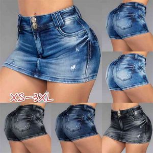 Denim donna gonna pantaloncini a vita alta bottone disegno jeans estate skinny lavata jean gonne femminile blu grigio 210708
