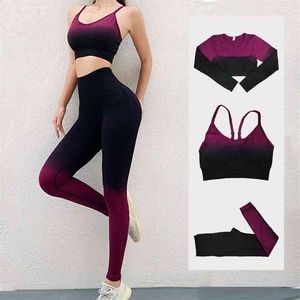 Ombre Womens Sportswear Seamless Yoga Set Workout Long Sleeve Crop Top Bra Leggings Gym Clothing Fitness Suits 210802