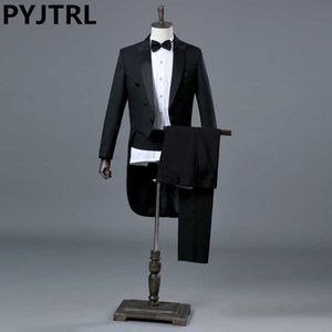 Pyjtrl Англия джентльмен двух частей черный белый жених дешевые свадебные смокинги костюмы для мужчин классический хвостовой халат с брюками Slim Fit X0909