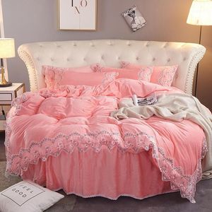 Bedding Sets 4PCS Crystal Velvet Round Bed Sheet Pillowcase Duvet Cover Lace Edge  Bed Skirt Embroidery Quilt