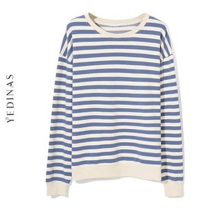 Yedinase Korean Hoodies Kvinnor Långärmad Crop Top Pullover Harajuku Casual Streetwear Striped Sweatshirt 210527