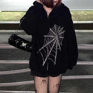 Gotik Siyah Rhinestone Punk Kapüşonlu Kadınlar Peri Grunge Karanlık Akademi Ceket Ceket Harajuku Fermuar Tişörtü Emo Alt Giyim X0721