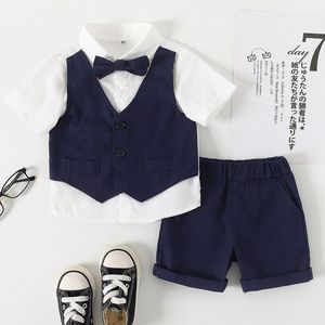 Set di abbigliamento per neonato per bambini 1-5 anni Camicia finta con due fiocchi per bambini con pantaloncini Completo per costume estivo per festa di compleanno per bambini