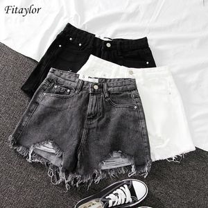 Fitaylor 2021 새로운 여름 여성 넓은 다리 구멍 블랙 데님 반바지 캐주얼 여성 streetwear 느슨한 솔리드 컬러 화이트 청바지 반바지 210301