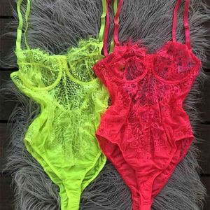 OMSJ Neon Colors Fashion Eyelashes Lace Bodysuit Slim Fit Summer Sexy Backless Sheer Bodycon Jumpsuit Mesh Hollow Out Tops 210715