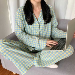 Sping Pijama Mulheres Pijama Conjuntos Sleepwear xadrez Homewear Terno com bolso manga comprida Botão de pijama top + calças pijama bolinhas 210622