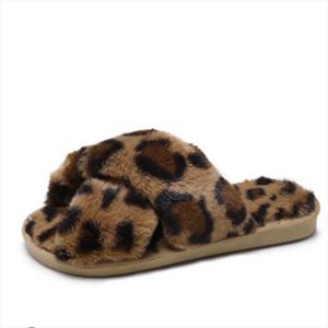Slippers Winter Fashion Leopard Print Sexy Ladies Home Cross Open-Toed Fish Mouth Warm And Comfortable Floor Non-Slip Indoor Cotton Shoes