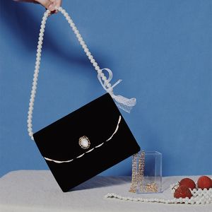 Clutch Bag Women Black Retro Velvet for Wedding Purse and Handbag Elegant Pearl Chain Party Small Shoulder Bag ZD1957