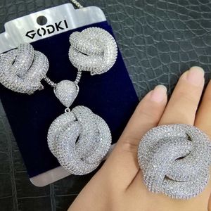 Godki luxo 3 pcs anel colar brinco conjuntos de jóias de cristal zircão cúbico conjunto para mulheres casamento indiano dubai nupcial conjunto de jóias H1022