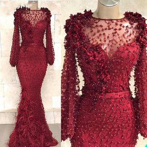 Amazing Burgundy Mermaid Prom Dresses 2022 Sheer Jewel Neck Långärmad Lace Appliques Arabiska Evening Dress Gown Vestidos de Gala