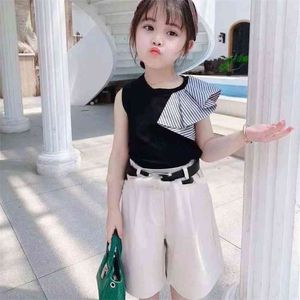 Summer Girls' Clothing Sets Fashion Irregular Stitching Top+ Shorts+ Belt Baby Kids Clothes Suit Children 210625