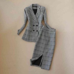 High quality winter women's suits skirt set Slim-fit double-breasted plaid ladies jacket Casual high waist two-piece 210527