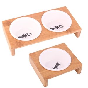 Cat Bowls & Feeders Elevated Pet Bowls, Raised Dog Feeder Solid Bamboo Stand Ceramic Food Feeding Bowl Cats Puppy E8BD