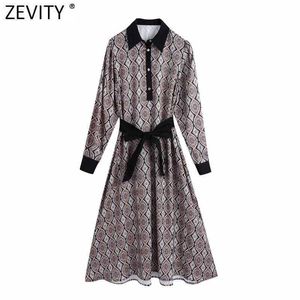 Zevity Women Vintage Geometric Totem Flower Print Sashes Shirt Dress Chic Ladies Retro Patchwork Casual Slim Vestidos DS4757 210603