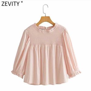 Zevity moda donna pizzo agarico colore rotondo elastico pieghettato grembiule chic camicetta da donna solida popeline camicia femininas top LS6998 210603