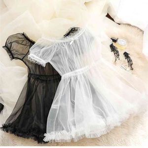 Kadınlar Şeffaf Dantel Lingerie Set Siyah Beyaz Güzel Uyku Giyim Seksi Sevimli Prenses Gecelik Pijama Lolita Erotik Bunny 210924