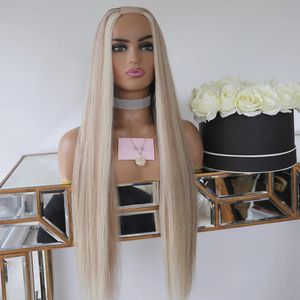 Silky Straight Platinum Blonde Human Hair U Part Wig with Highlights, 100% Unprocessed Brazilian Remy Hair, 250% Density, 613 Color