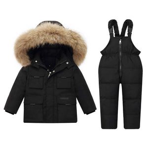 -30 graus inverno pato para baixo jaquetas crianças snowsuits menina parka casaco menino real pele outerwear crianças macacões quentes bebê macacão h0910