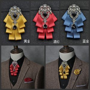 Män Ribbon Bow Handkerchief Alloy Pin Flower Brosches Pocket Square Neck Tie Set Groom Bröllopsfesttröja Rhinestone Bowtie