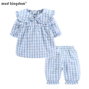Pijamas de verão mudkingdom para garotas xadrez pjs cute jammies conjunto grande menina Peter Pan Collar criança Homewear Kids Sleepwear 211130
