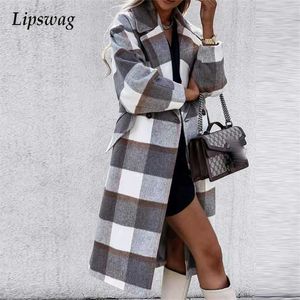 Autumn Winter Design Fashion Plaid Woolen Long Coat Women Elegant Turn-Neck Office Chic Cardigan Lady Casual Button Pockets Coat 211019
