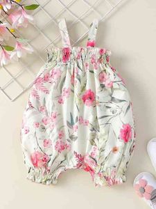 Baby Floral Print Shirred Frill Trim Cami Romper SHE