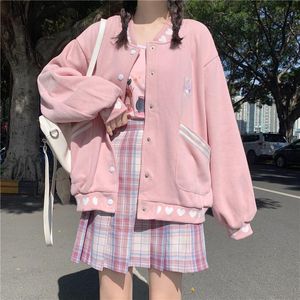 Damenjacken, Herbst, süße Mädchen, lockere Jacke, College-Stil, langärmelig, O-Ausschnitt, rosa, niedlicher Baseball-Uniformmantel, Damen, einreihig, außen