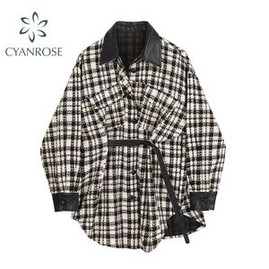 가을 트위드 스티치 PU 가죽 격자 무늬 재킷 여성을위한 Streetwear Lapel 단일 브레스트 모직 코트 벨트 여성 211106