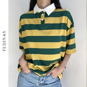 Yedinas Contrast Color Striped Patchwork Short Sleeve T Shirt Women Turn Down Collar Button Tees Harajuku Tops Korean Style Tee 210527
