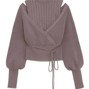 Neploe Turtleneck Drawstring Puff Sleeve Knitted Sweaters Sweet Loose Shoulder Straples Tops Autumn Winter Pullovers 210805