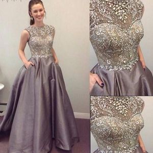 New Arrival jewel A line Satin Prom Dress Princess Elegant Major Beading Backless sweep train Customized Evening Gowns Party Dresses vestido de noiva