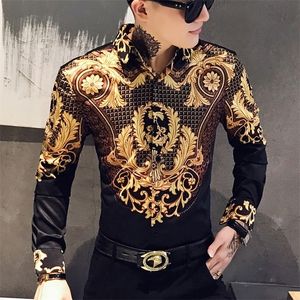 Blusa casual homme barroco banquete camisa paisley preto ouro homens luxo coreano manga longa impressão s slim fit 220216