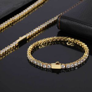 Hip -Hop 3mm 4 mm 5 mm Federschnalle Zirkon Tenniskette Halskette Real Gold Plattierung Eine Reihe Diamant Halskette Armband