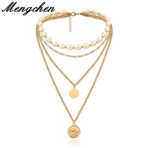 Hängsmycke Halsband Bohemian Handgjord Multilayer Pearl Alloy Round Plate Halsband för Kvinnor Tjej Party Punk Statement Smycken