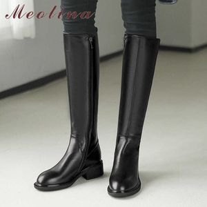 Meotina Natural Genuine Leather Block Heels Riding Boots Women Long Boots Shoes Zip Mid Heel Knee High Boots Autumn Winter Black 210608