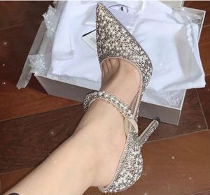 Perfekt bröllopsandaler klänning brudskor Baily Mary Jane pumpar med Crystal Pearl Strap Lady High Heels Sexig Point Toe Berömd Kvinnors Pump med låda