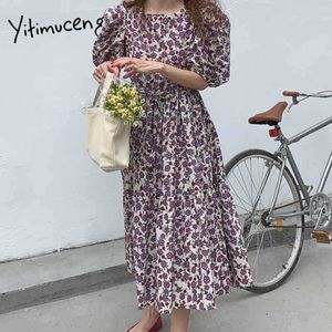 Yitimuceng Vintage Floral Print Dresses Women Puff Sleeve High Waist Green Purple Sundress Summer Fashion Boho Midi Dress 210601