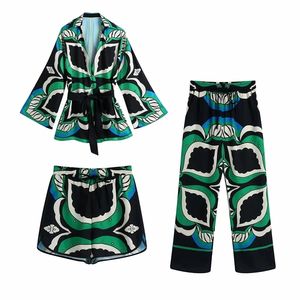 Nlzgmsj Za Women 2 Piece Set Summer Long Pant s Print Bow Kimono Blouse+High Waist Casual Shorts Woman Outfit Suit 06 211106