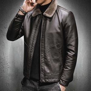 Vintage Leather Jacket Men Coffee Jacket Brown Leater Jacket Casual Wear Street Fashion Men Coat Fur Collar Slim Fit Biker Coat 211009