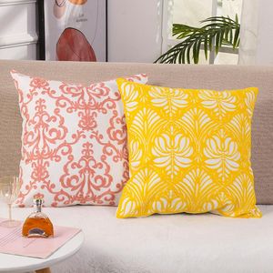 クッション/装飾的な枕の家の装飾刺繍のクッションイエローピンクの花キャンバスコットンスカベアカバー45x45cm
